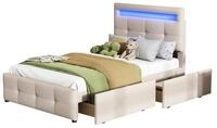 Flieks Polsterbett, LED Beleuchtung Einzelbett 2 Schubladen Leinen 90*200cm