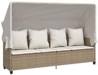 vidaXL Gartenliege Sonnenliege mit Dach und Kissen Beige Poly Rattan, 1 St.