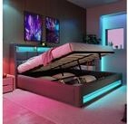 Flieks Polsterbett, Baumwolle-Leinen Bezug Stauraumbett mit USB-Anschluss + LED