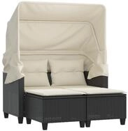 vidaXL Sofa, Gartensofa 2-Sitzer mit Dach und Hockern Schwarz Poly Rattan