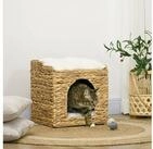 PawHut Tierhaus Katzenhaus mit Kissen, Katzenbett, Wasserhyazinthengras, Braun,...