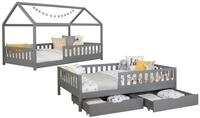 Ticaa Hausbett Duo mit Rausfallschutz und Schubkasten aus Kiefer, Bodenbett...