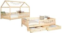 Ticaa Hausbett Duo mit Rausfallschutz und Schubkasten aus Kiefer, Bodenbett...