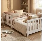 ecoMI Kinderbett mit Rausfallschutz inkl. Lattenrost, 90x200 & 80x160, Wei&szlig; & Natur,