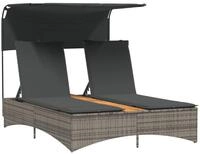 vidaXL Gartenliege Doppel-Sonnenliege mit Dach und Auflagen Grau Poly Rattan, 1...