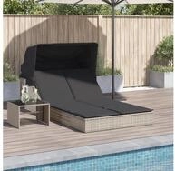 vidaXL Gartenliege, Doppel-Sonnenliege mit Dach und Auflagen Hellgrau Poly...