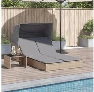 vidaXL Gartenliege, Doppel-Sonnenliege mit Dach und Auflagen Beige Poly Rattan