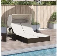 vidaXL Gartenliege, Doppel-Sonnenliege mit Dach und Auflagen Braun Poly Rattan