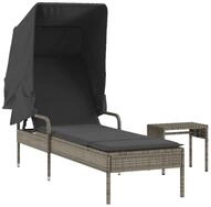 vidaXL Gartenliege Sonnenliege mit Dach und Tisch Grau Poly Rattan, 1 St.