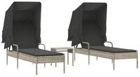 vidaXL Gartenliege Sonnenliegen 2 Stk. mit Dach und Tisch Hellgrau Poly Rattan,...