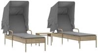 vidaXL Gartenliege Sonnenliegen 2 Stk. mit Dach und Tisch Beige Poly Rattan, 1...