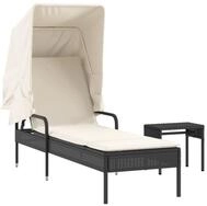 vidaXL Gartenliege Sonnenliege mit Dach und Tisch Schwarz Poly Rattan, 1 St.