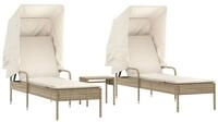 vidaXL Gartenliege Sonnenliegen 2 Stk. mit Dach und Tisch Beige Poly Rattan, 1...