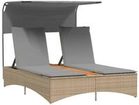 vidaXL Gartenliege Doppel-Sonnenliege mit Dach und Auflagen Beige Poly Rattan,...