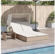 vidaXL Gartenliege, Doppel-Sonnenliege mit Dach und Auflagen Beige Poly Rattan
