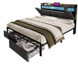 Flieks Polsterbett, LED Doppelbett mit Ladefunktion, Stauraumkopfteil, Schublade