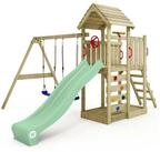 Wickey Spielturm MultiFlyer mit Holzdach, Doppelschaukel & Rutsche, extrem