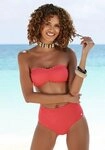 LASCANA Highwaist-Bikini-Hose Scallop mit gelaserter Wellenkante rot 34