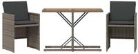vidaXL Gartenlounge-Set 3-tlg. Bistro-Set mit Kissen Grau Poly Rattan, (1-tlg)