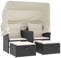 vidaXL Sofa, Gartensofa 2-Sitzer mit Dach und Hockern Schwarz Poly Rattan