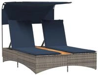 vidaXL Gartenliege Doppel-Sonnenliege mit Dach und Kissen Grau Poly Rattan
