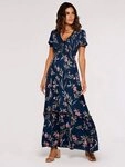 Apricot Druckkleid Florales Maxikleid mit gesmokter Taille
