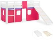Homestyle4u Hochbett 90x200 cm Kinderbett Wei&szlig; mit Vorhang Pink (Komplett-Set mit
