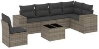 vidaXL Gartenlounge-Set 7-tlg. Garten-Sofagarnitur mit Kissen Grau Poly Rattan,