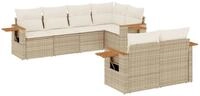 vidaXL Gartenlounge-Set 7-tlg. Garten-Sofagarnitur mit Kissen Beige Poly Rattan,