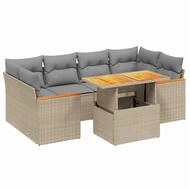 vidaXL Gartenlounge-Set 7-tlg. Garten-Sofagarnitur mit Kissen Beige Poly Rattan,