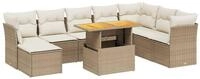 vidaXL Gartenlounge-Set 9-tlg. Garten-Sofagarnitur mit Kissen Beige Poly Rattan,