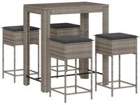 vidaXL Gartenlounge-Set 5-tlg. Gartenbar-Set mit Kissen Grau Poly Rattan,...