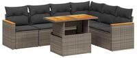 vidaXL Gartenlounge-Set 7-tlg. Garten-Sofagarnitur mit Kissen Grau Poly Rattan,