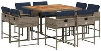 vidaXL Gartenlounge-Set 9-teiliges Garten-Ess-Set mit Kissen, grau, Polyrattan,