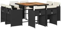 vidaXL Garten-Essgruppe 9-tlg. Garten-Essgruppe mit Kissen Schwarz Poly Rattan,