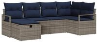 vidaXL Loungesofa Sofa Set mit Kissen Grau und Marineblau Poly-Rattan, 6 Teile