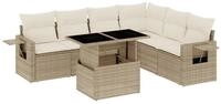 vidaXL Gartenlounge-Set 7-tlg. Garten-Sofagarnitur mit Kissen Beige Poly Rattan,