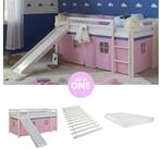 Homestyle4u Hochbett 90x200 Kinderbett mit Leiter und Vorhang Wei&szlig; Rosa Holz...