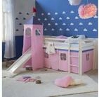 Homestyle4u Hochbett 90x200 Kinderbett mit Leiter und Vorhang Wei&szlig; Rosa Holz Treppe