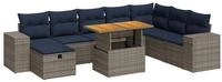 vidaXL Gartenlounge-Set 9-tlg. Garten-Sofagarnitur mit Kissen Grau Poly Rattan,