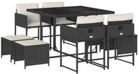 vidaXL Garten-Essgruppe 9-tlg. Garten-Essgruppe mit Kissen Schwarz Poly Rattan,