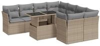 vidaXL Gartenlounge-Set 9-tlg. Garten-Sofagarnitur mit Kissen Beige Poly Rattan,