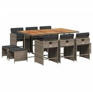 vidaXL Garten-Essgruppe 11-tlg. Garten-Essgruppe mit Kissen Grau Poly Rattan,