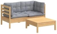 vidaXL Gartenlounge-Set 3-tlg. Garten-Lounge-Set mit Grauen Kissen Kiefernholz,