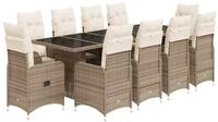 vidaXL Gartenlounge-Set 11-tlg. Garten-Bistro-Set mit Kissen Beige Poly Rattan,