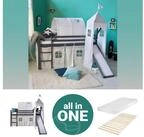 Homestyle4u Hochbett 90x200 cm Grau mit Vorhang Sterne f&uuml;r 1 Kind Kiefer Massiv