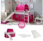 Homestyle4u Hochbett 90x200 cm Kinderbett Wei&szlig; mit Vorhang Pink (Komplett-Set...