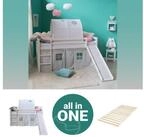 Homestyle4u Hochbett 90x200 Wei&szlig; mit Vorhang Sterne Grau f&uuml;r 1 Kind Kiefer...
