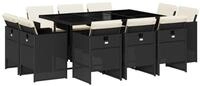 vidaXL Garten-Essgruppe 11-tlg. Garten-Essgruppe mit Kissen Schwarz Poly Rattan,