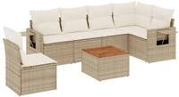 vidaXL Gartenlounge-Set 7-tlg. Garten-Sofagarnitur mit Kissen Beige Poly Rattan,